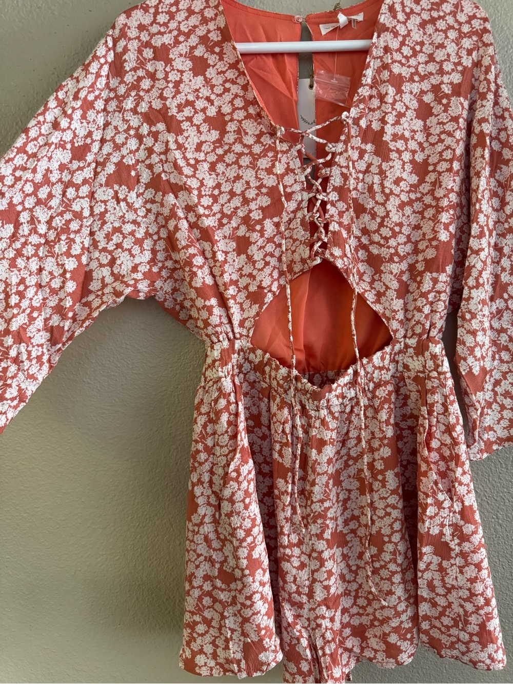 Free the Roses Coral Lace-Up Cutout Mini Romper